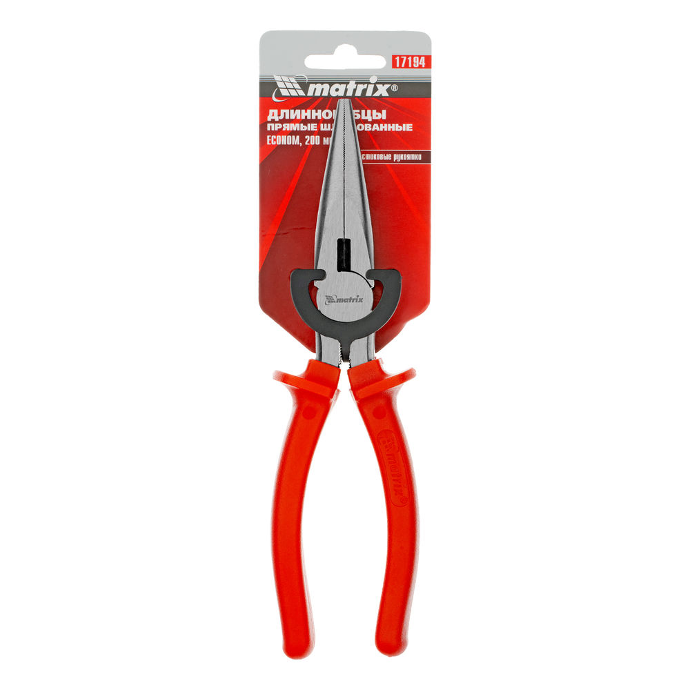 Длинногубцы прямые Econom, 200 мм, шлифованные, пластмассовые рукоятки Matrix (17194)