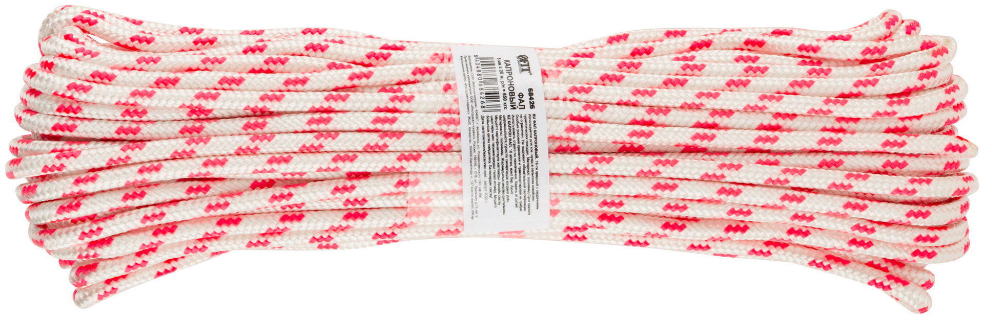 Фал капроновый плетеный 16-ти прядный с сердечником 6 мм х 20 м, р/н= 700 кгс (68426)