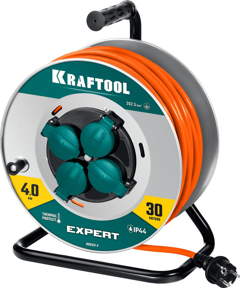 Силовой удлинитель на стальной катушкеEXPERT ПВС 3х2.5 30м 4000Вт IP44 KRAFTOOL 55089-30