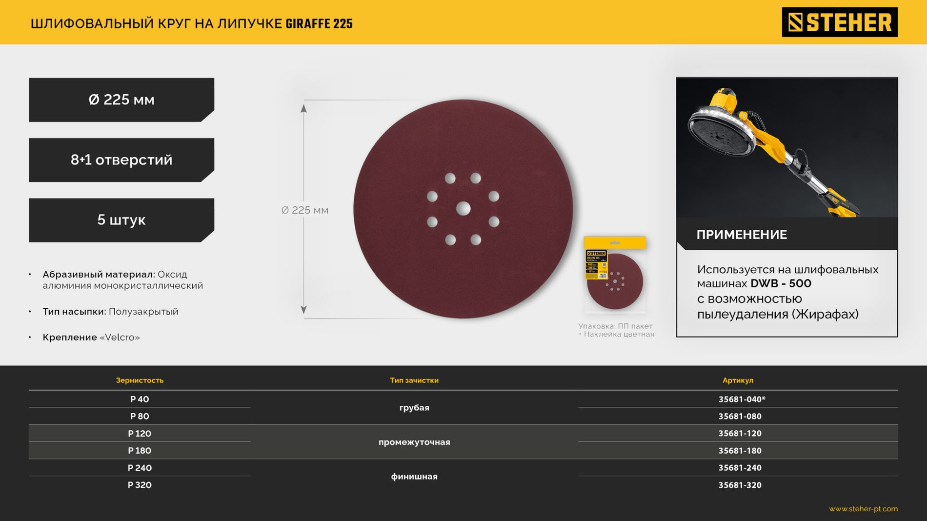 Круг шлифовальный на липучке STEHER GIRAFFE 225 мм Р240 9 отв. 5 шт. 35681-240  
