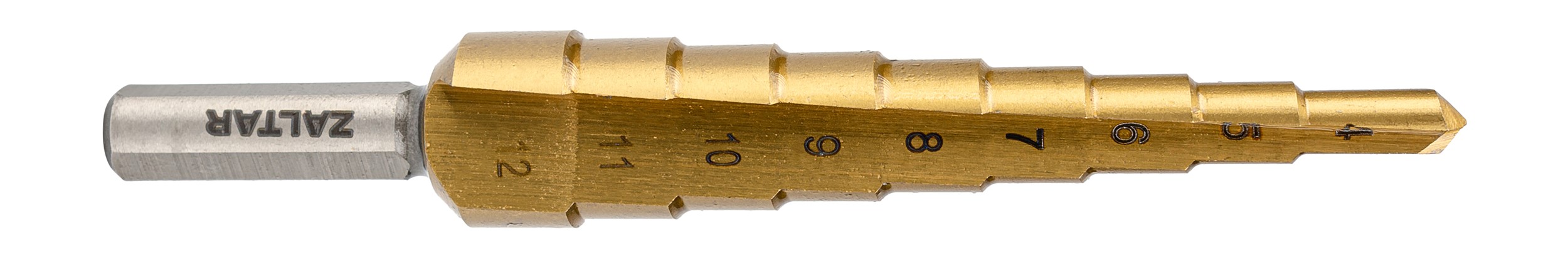 Набор свёрл ступенчатых, 3 пр., HSS TiN, Gr.1/2/3, O4-12, 4-20, 6-30 мм, прямая канавка, трёхплоскостной хвостовик (ZA-05351)