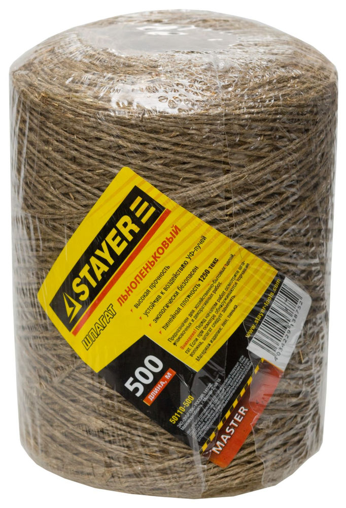Шпагат льнопеньковый 500 м, d 1.4 мм, 1250 текс, 13.5 кгс STAYER 50110-500