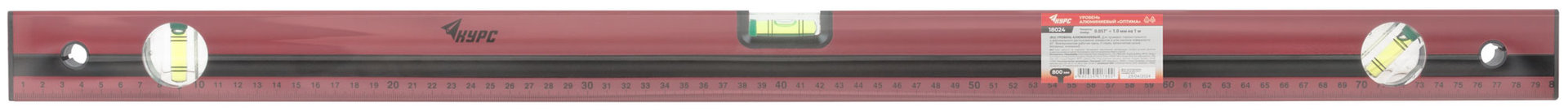 Уровень Оптима, 3 глазка, красный корпус, фрезерованная рабочая грань, шкала 800 мм (18024)