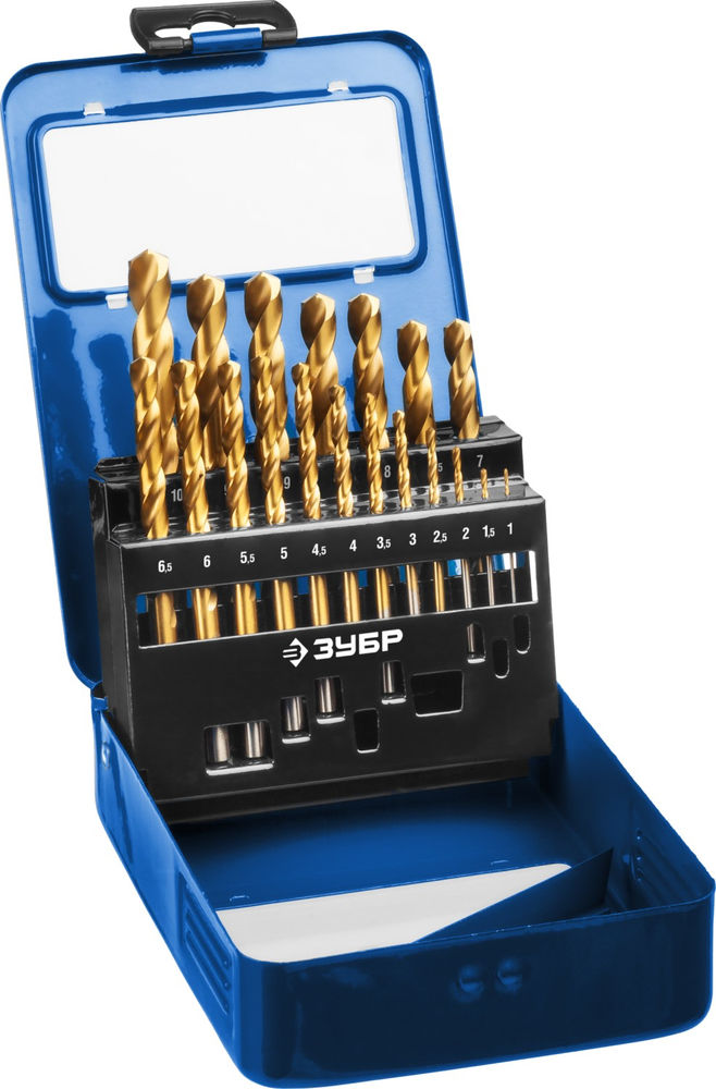 Набор сверл по металлу 19 шт (1-10 мм), сталь Р6М5, класс А, титановое покрытие ЗУБР ТИТАН Профессионал 29617-H19_z01