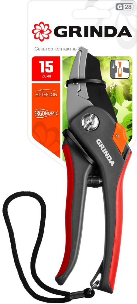 Контактный секатор G-28, 205 мм, углеродистая сталь, закаленные лезвия, тефлоновое покрытие, двухкомпонентные рукоятки GRINDA 8-423203_z02