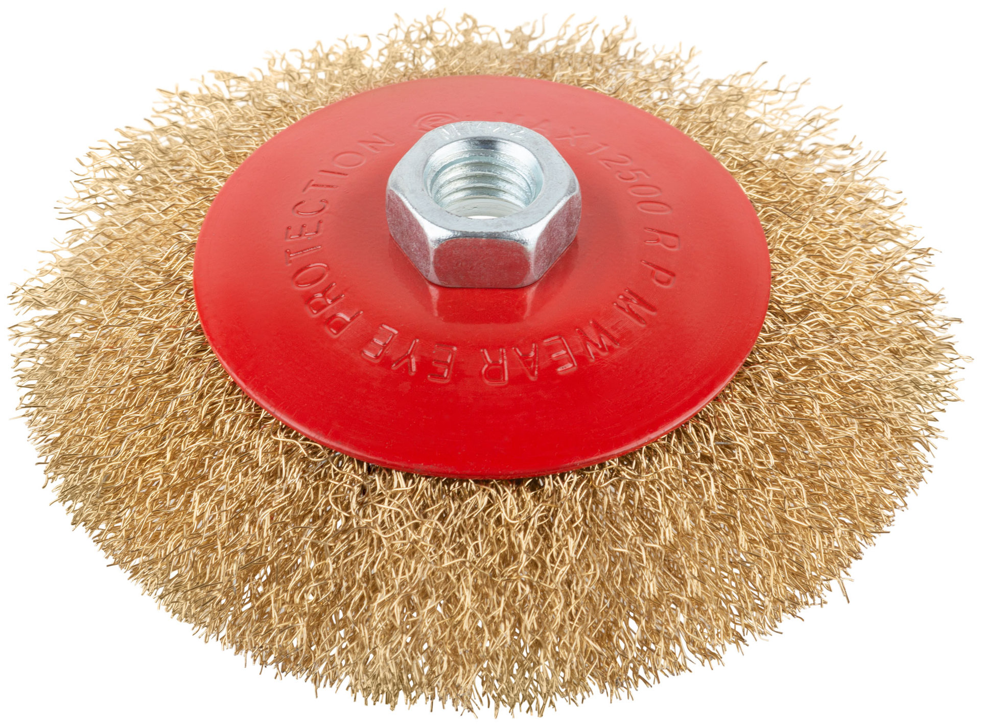 Корщетка-колесо с наклоном, гайка М14, стальная волнистая латунированная проволока 125 мм (39023)