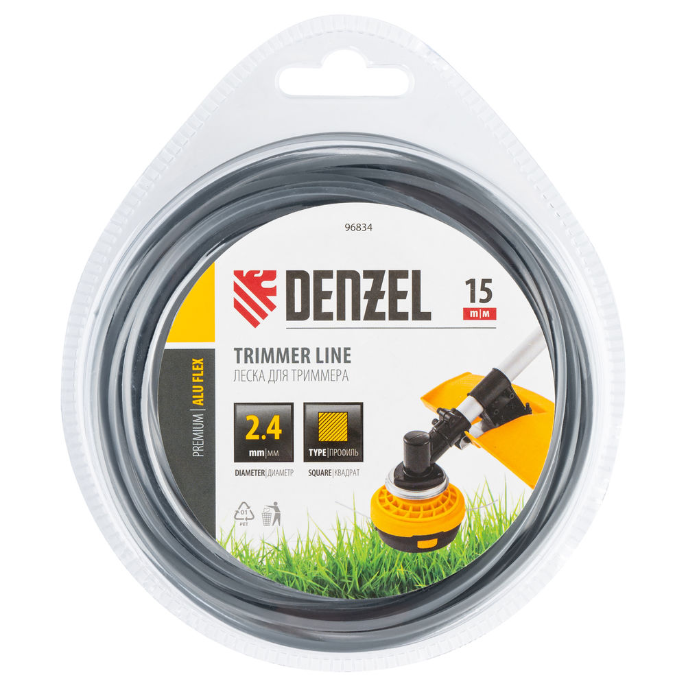 Леска для триммера армированная алюминием квадратная, 2,4мм х 15м, блистер ALUFLEX Denzel (96834)