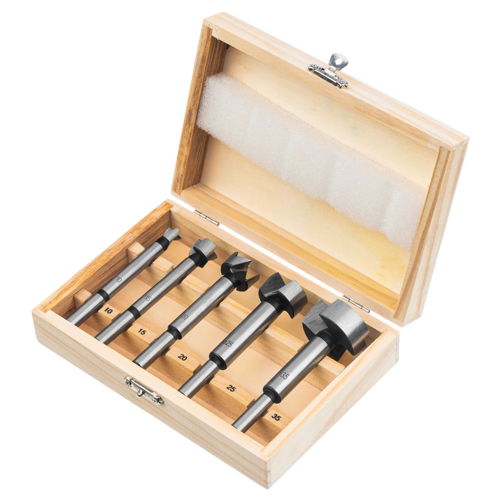 Набор сверл Форстнера по дереву, 10-15-20-25-35 мм, 5 шт, в деревянном боксе, цилиндрический хвостовик Sparta (704405)