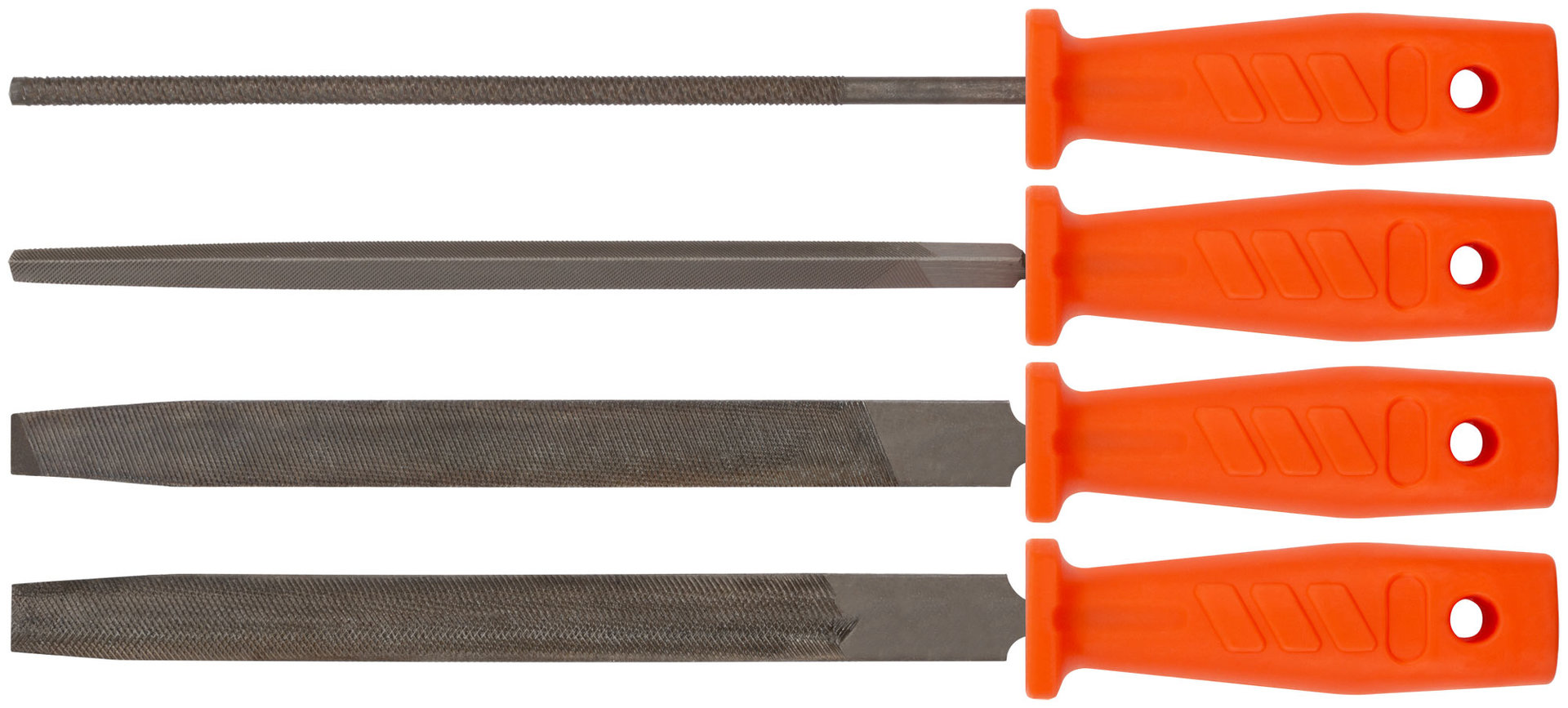 Напильники, пластиковая ручка, набор 4 шт. ( трехгранный, плоский, круглый, полукруглый ) 200 мм (42705)