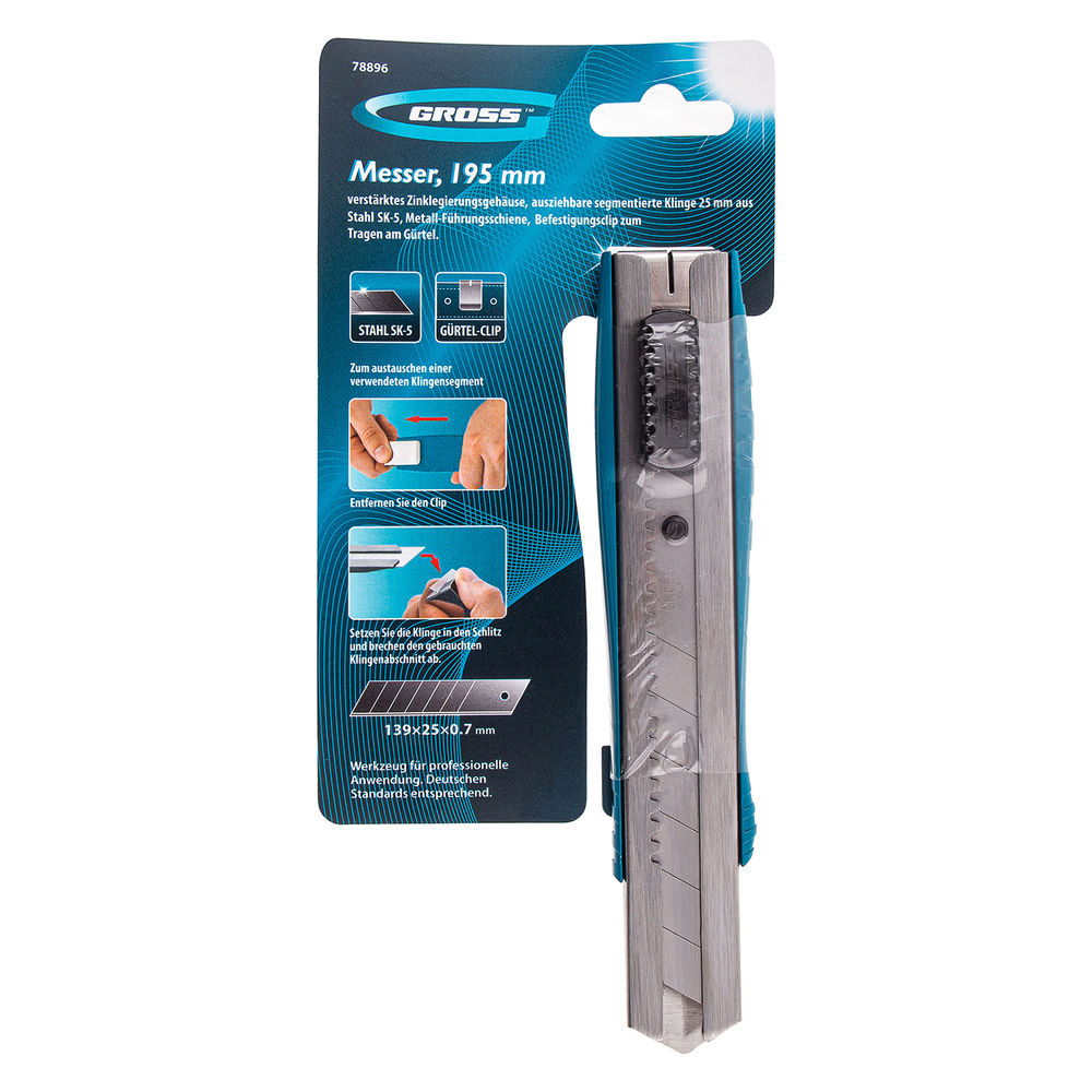 Нож, 195 мм, металлический корпус, выдвижное сегментное лезвие 25 мм (SK-5) металлическая направляющая, клипса для ремня Gross (78896)