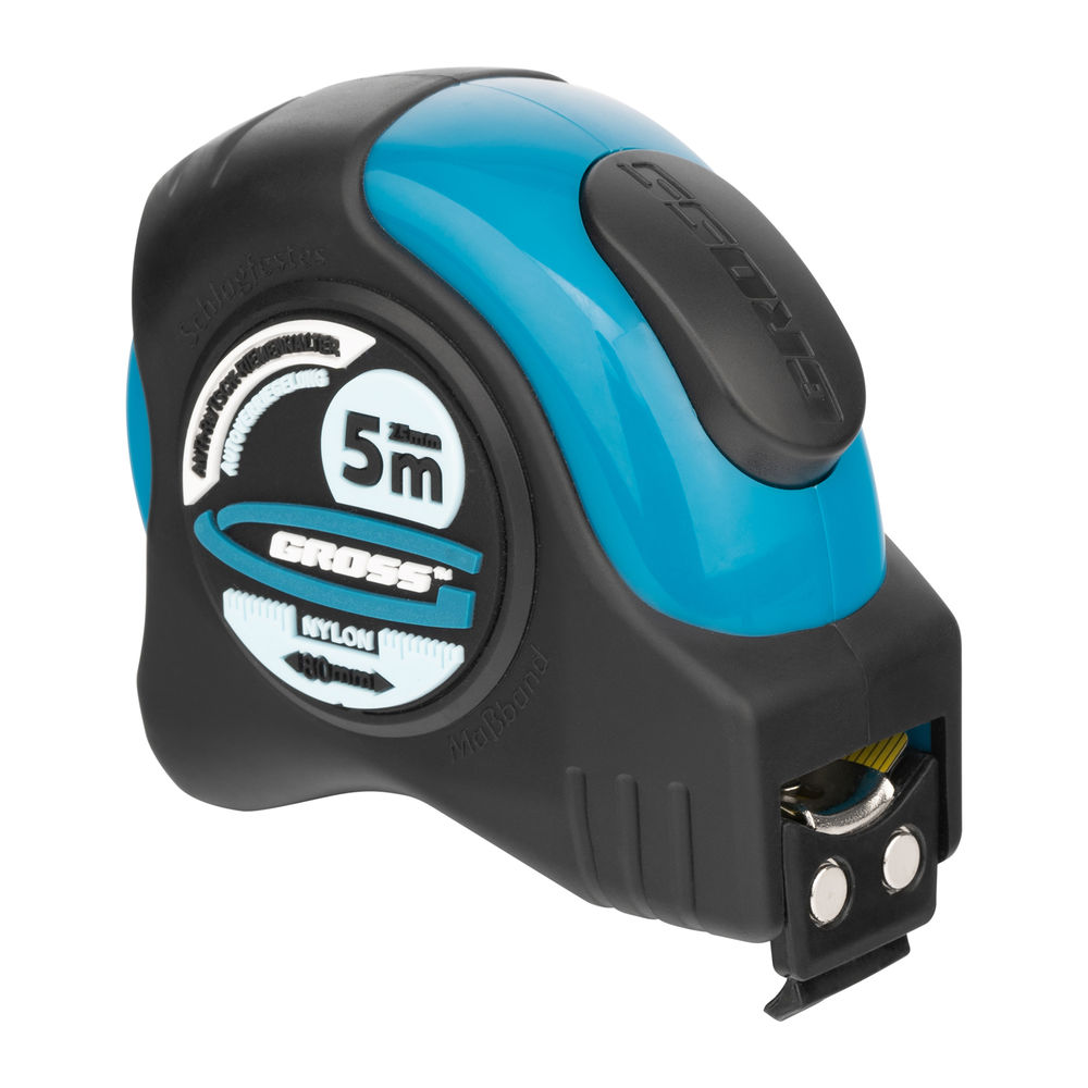 Рулетка Schlagfest,5 м x 25 мм,магнитный обрезиненный зацеп,двусторонняя шкала,Нейлоновое покрытие,автоматическая фиксация Gross