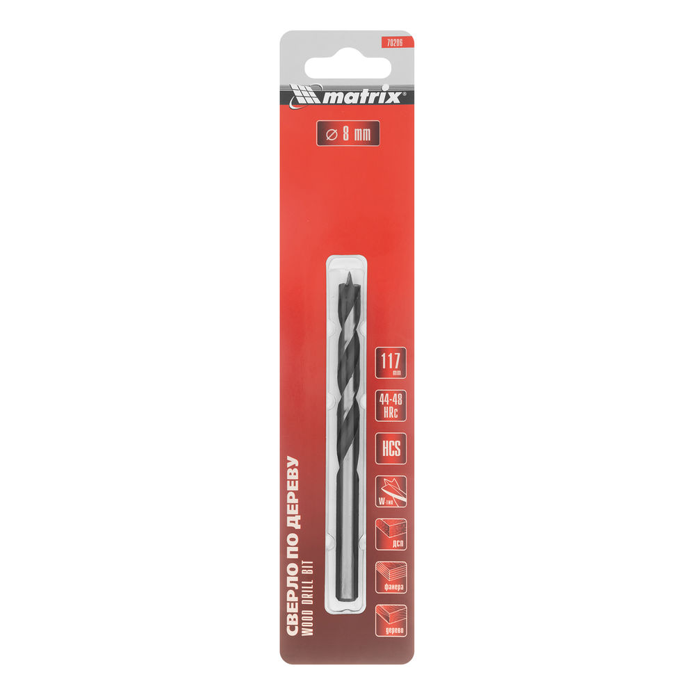 Сверло по дереву, 8 x 117 мм, цилиндрический хвостовик Matrix (70206)