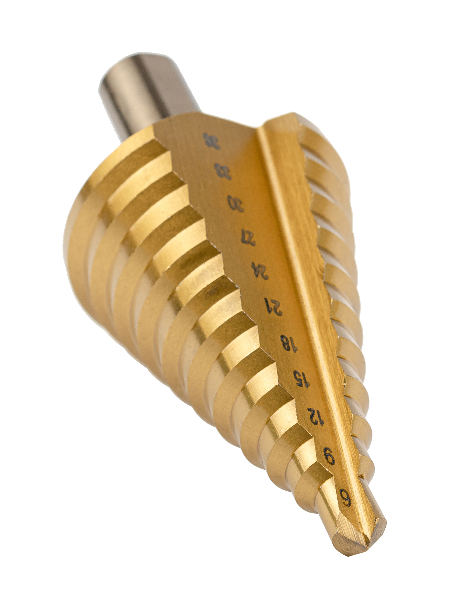 Сверло ступенчатое, HSS TiN, O9-36 мм, прямая канавка, трёхплоскостной хвостовик (ZA-05349)