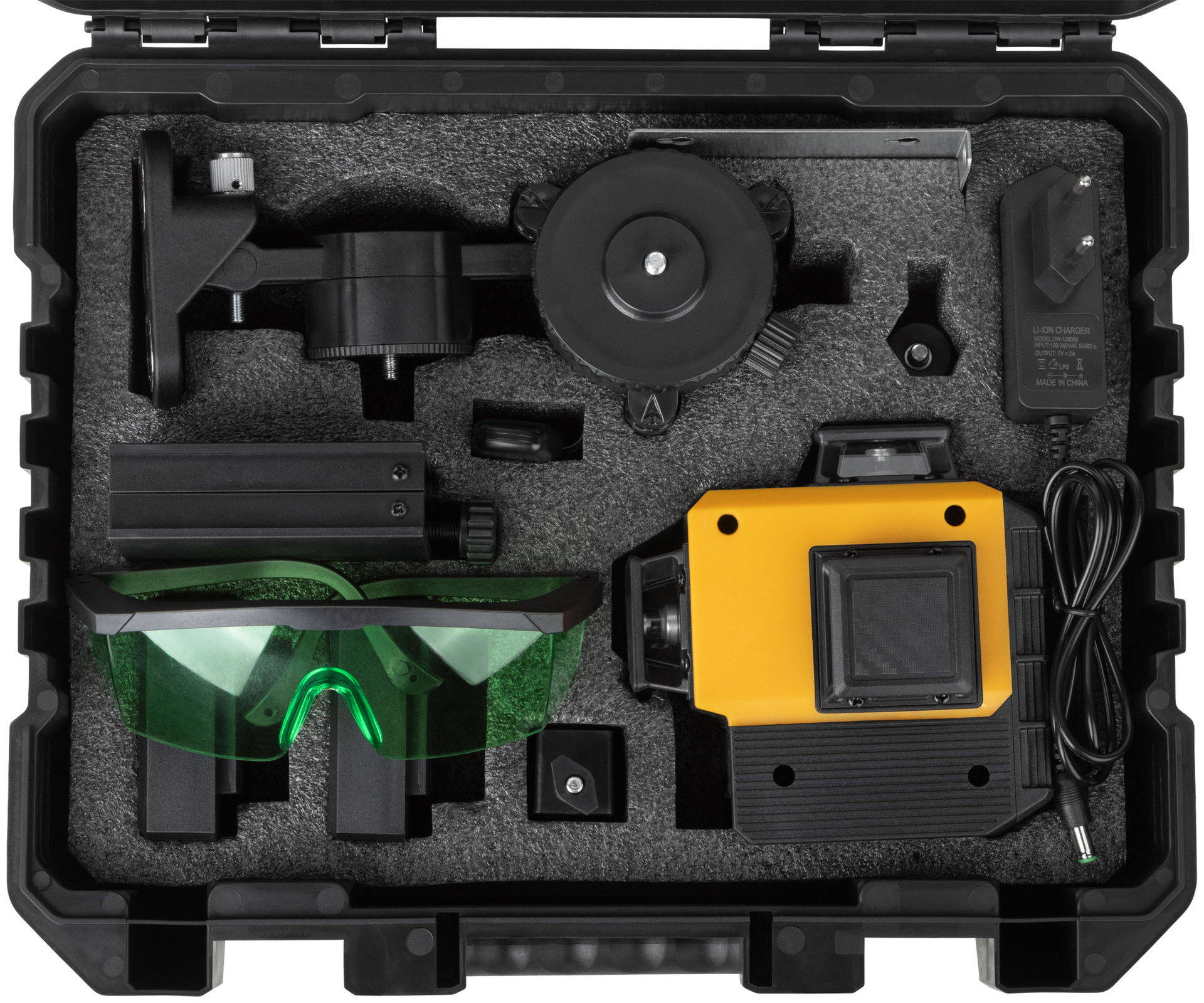 Уровень лазерный самоуспокаивающийся аккумуляторный Li-Ion, мультипризменный 3х360°, зеленый луч, диапазон 20 м, кейс (18670)