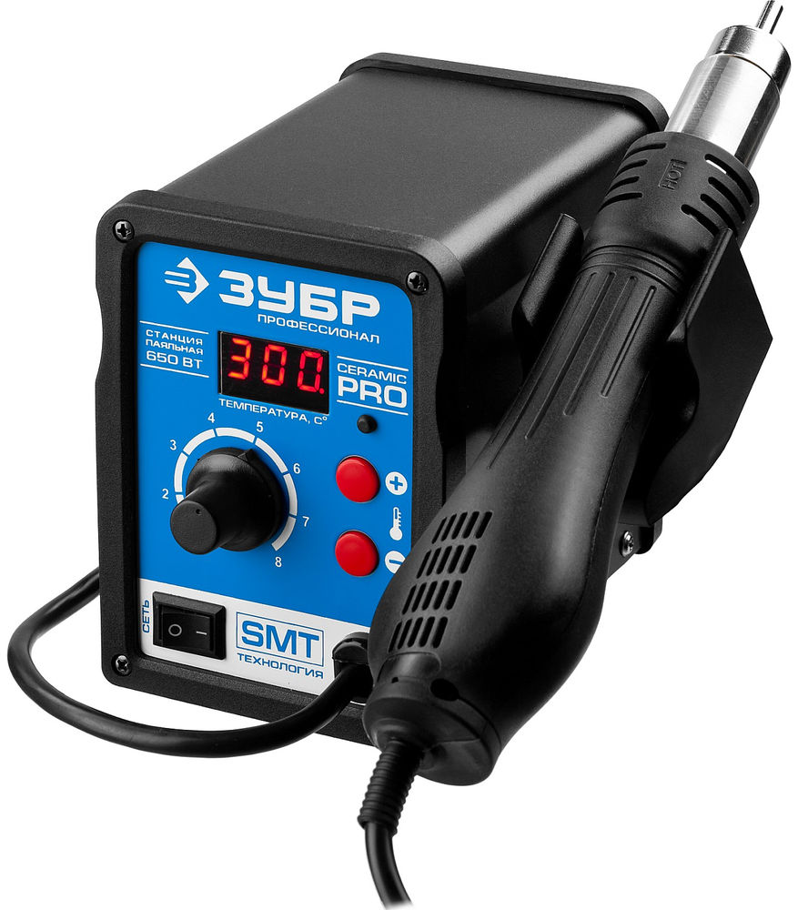 Паяльная станция термовоздушная цифровая 650 Вт, 100-500°C, 120 л/мин, 3 насадки, керамический нагреватель Профессионал ЗУБР ПСТ-650 55350