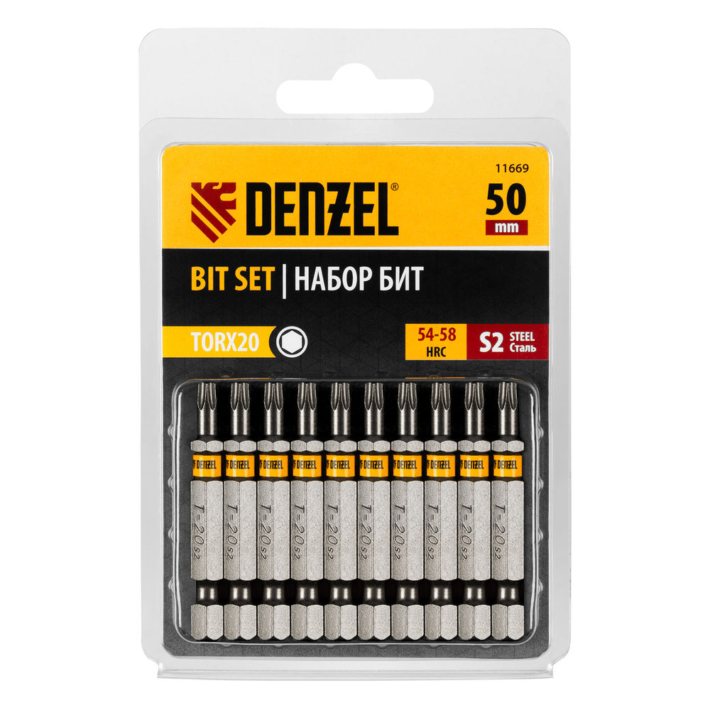 Бита TX 20х50, сталь S2, шестигранный профиль, 10 шт. Е 6,3 Denzel (11669)