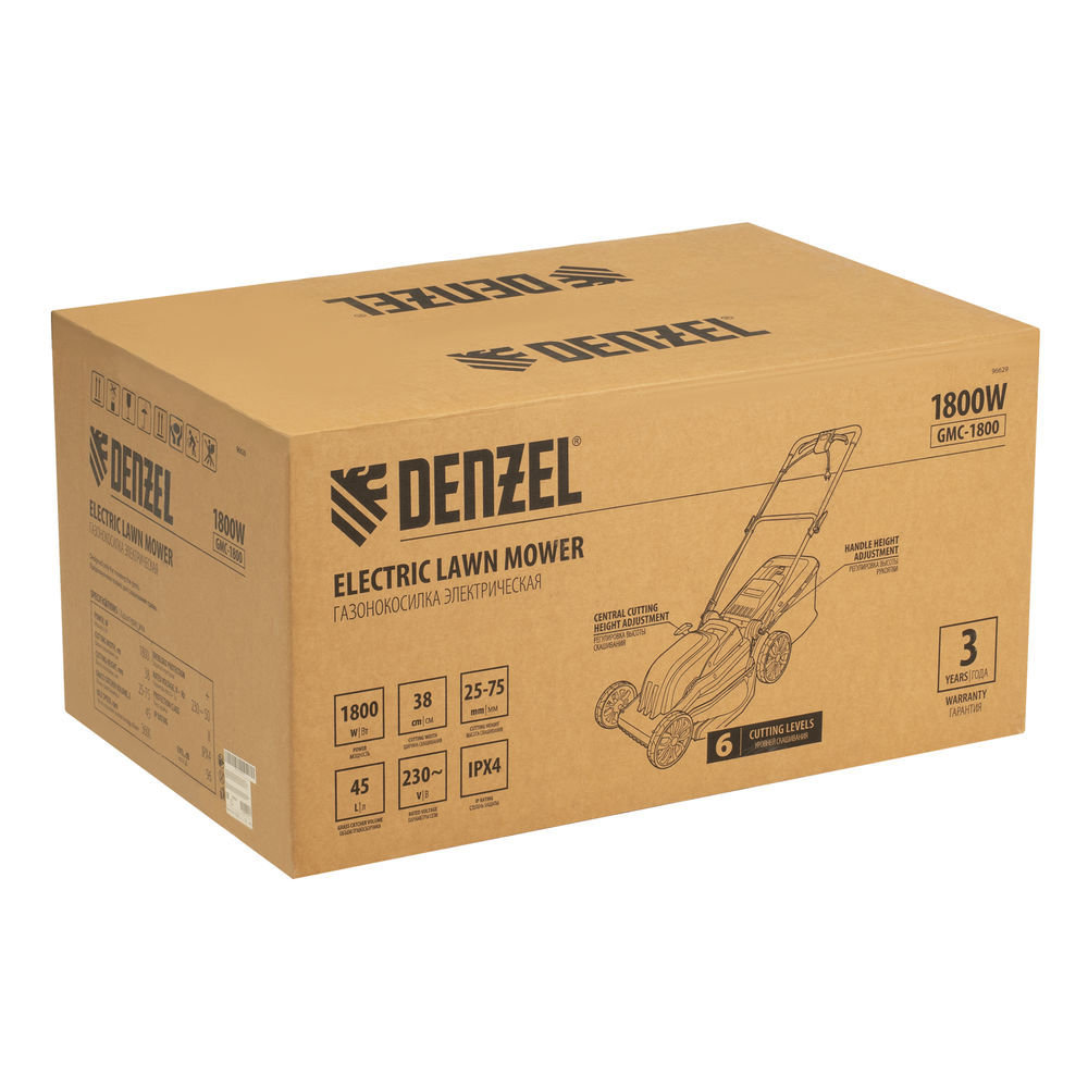 Газонокосилка электрическая GMC-1800, шир. 38см, 1800 Вт, 6 уров., травосб. 35 л Denzel (96629)