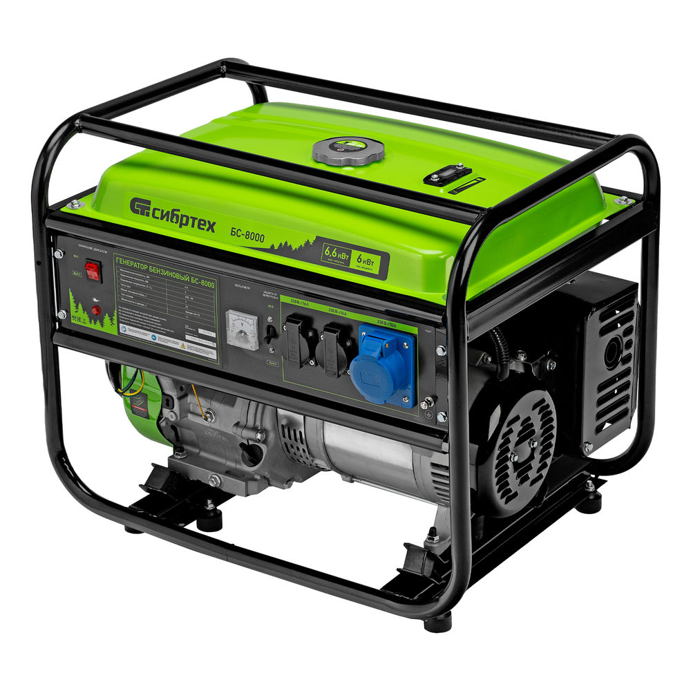 Генератор бензиновый БС-8000, 6,6 кВт, 230В, четырехтактный, 25 л, ручной стартер Сибртех (94547)