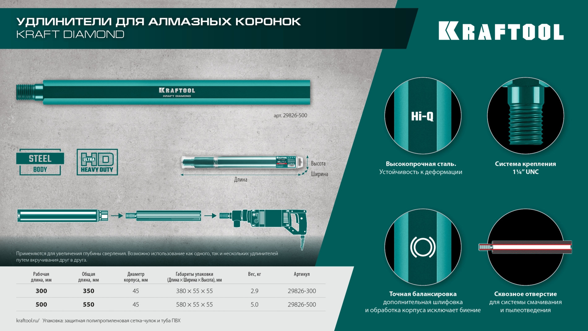 KRAFTOOL L500 мм, стальной, посадка 1 1/4?, Удлинитель для алмазных коронок (29826-500)