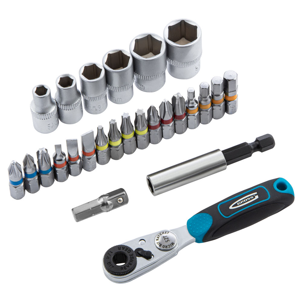 Набор бит и головок торцевых, 1/4, магнитный адаптер, сталь S2, пластиковый кейс, 26 предметов Gross (11361)