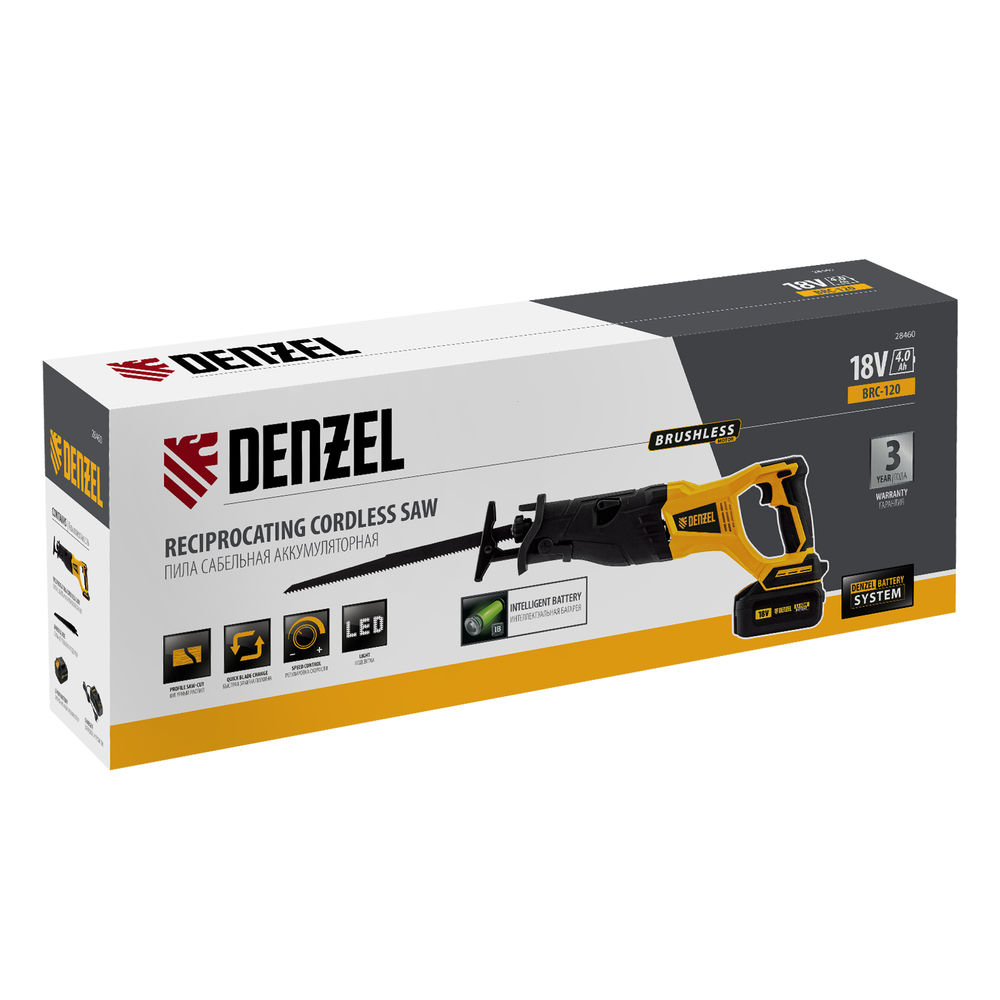 Пила сабельная аккумуляторная бесщет BRC-120, 18В Li-Ion Denzel (28460)
