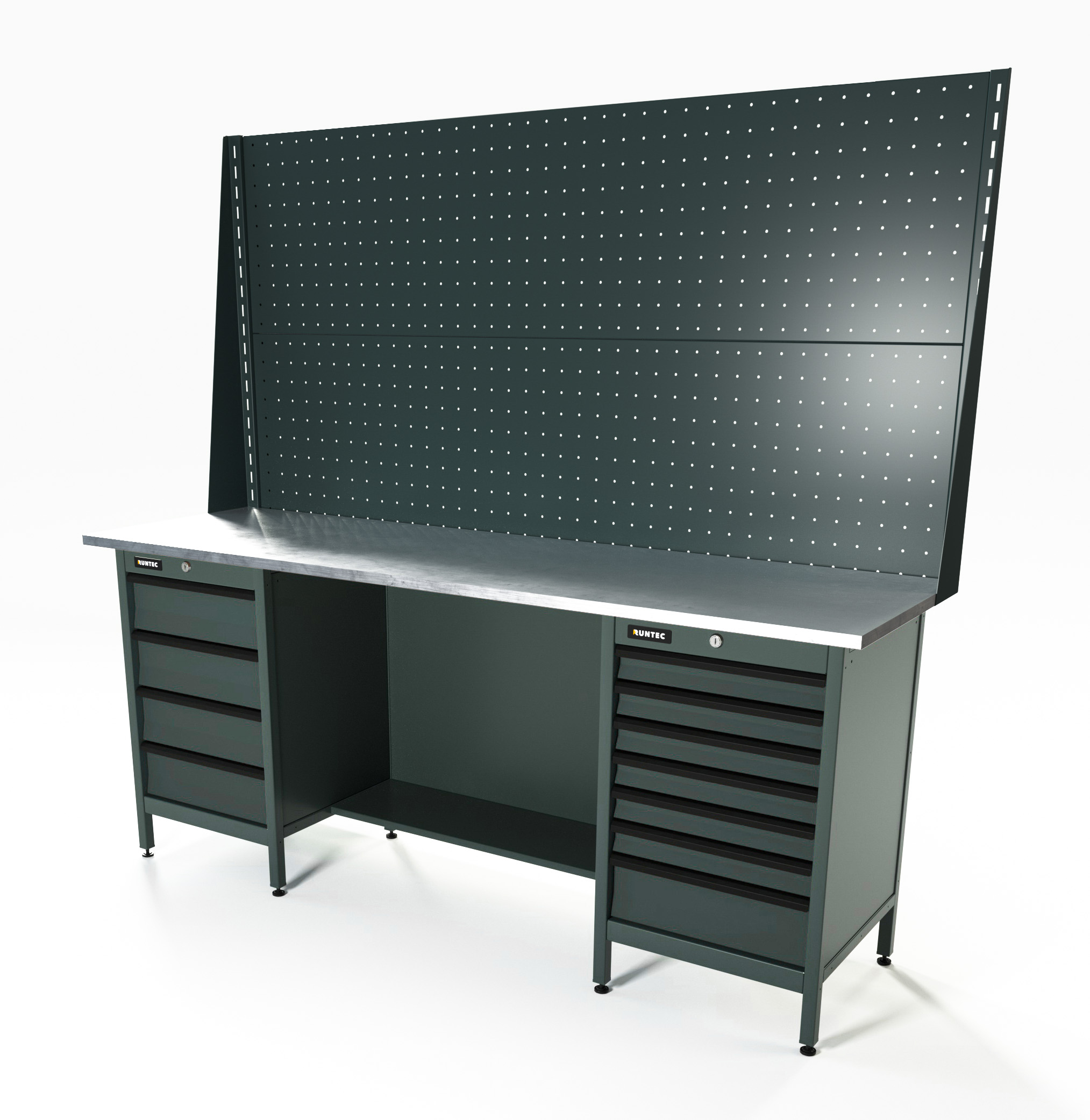 Верстак серии Standart, 2000 мм, оцинк, тумба с 4-мя ящиками + тумба с 7-ю ящиками, экран 1000, серый RAL 7016 RUNTEC RTS20Z-TS4-TS7-P20-P20-7016