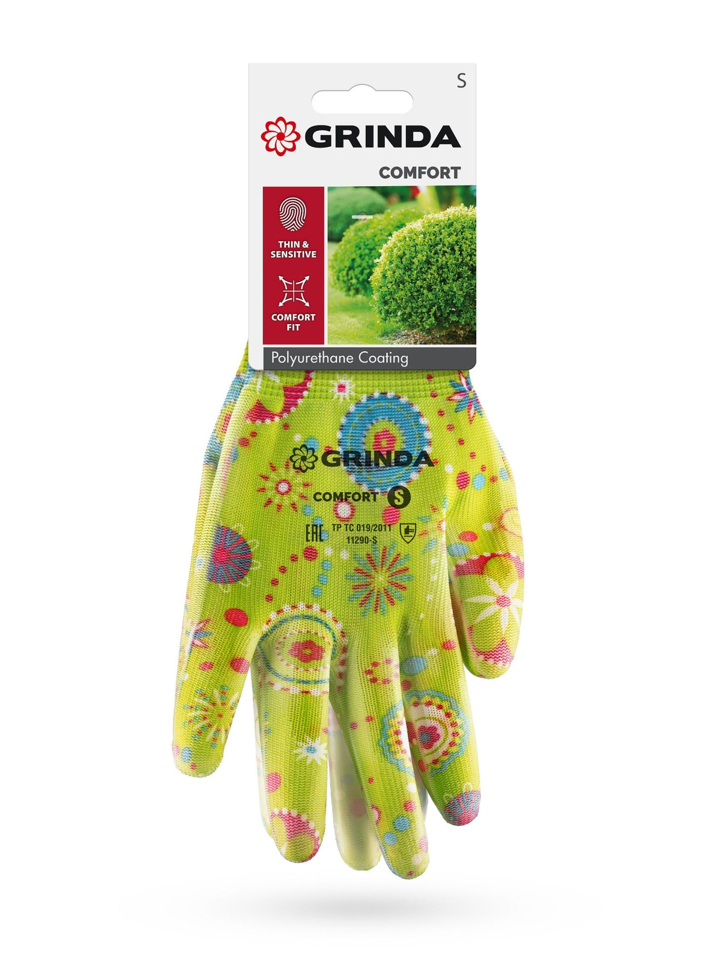 GRINDA COMFORT, S (7), садовые перчатки с прозрачным полиуретановым покрытием, зелёные, 13 класс (11290-S_z01)