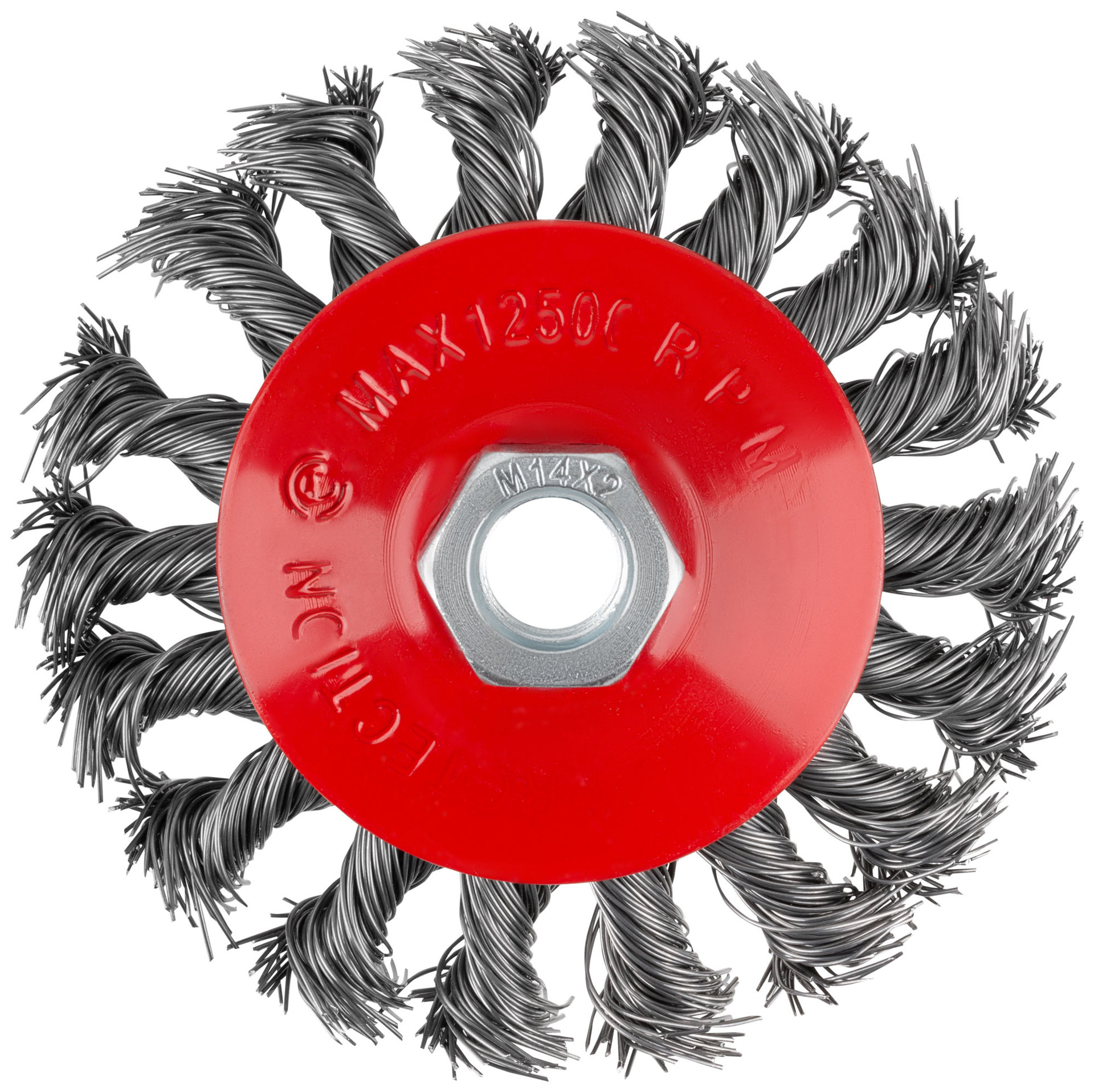 Корщетка-колесо с наклоном, гайка М14, стальная витая проволока 100 мм, блистер (39087)