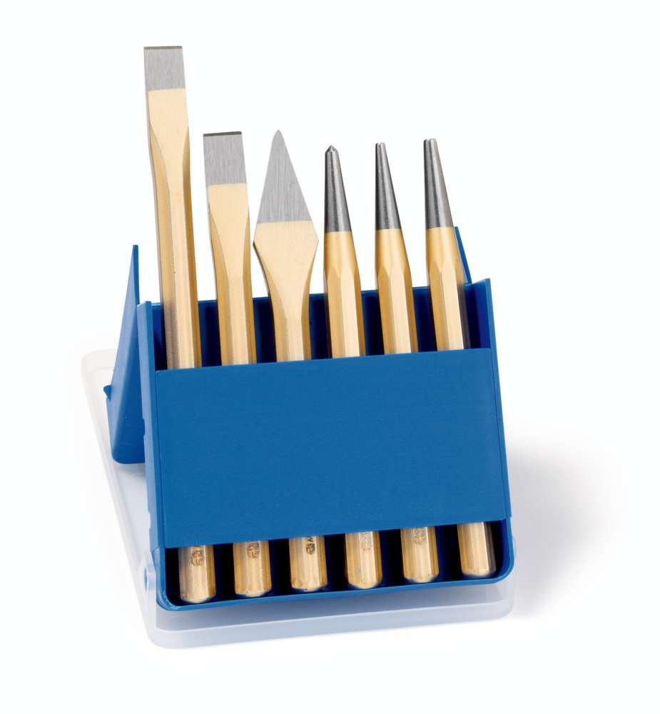 Набор инструментов по металлу, 6 пр., Зубила плоские 125 / 150 мм, Крейцмейсель 125 мм, Кернер O 4 мм, Пробойники O 3 / 4 мм, пластиковый кейс (RE-4210010)