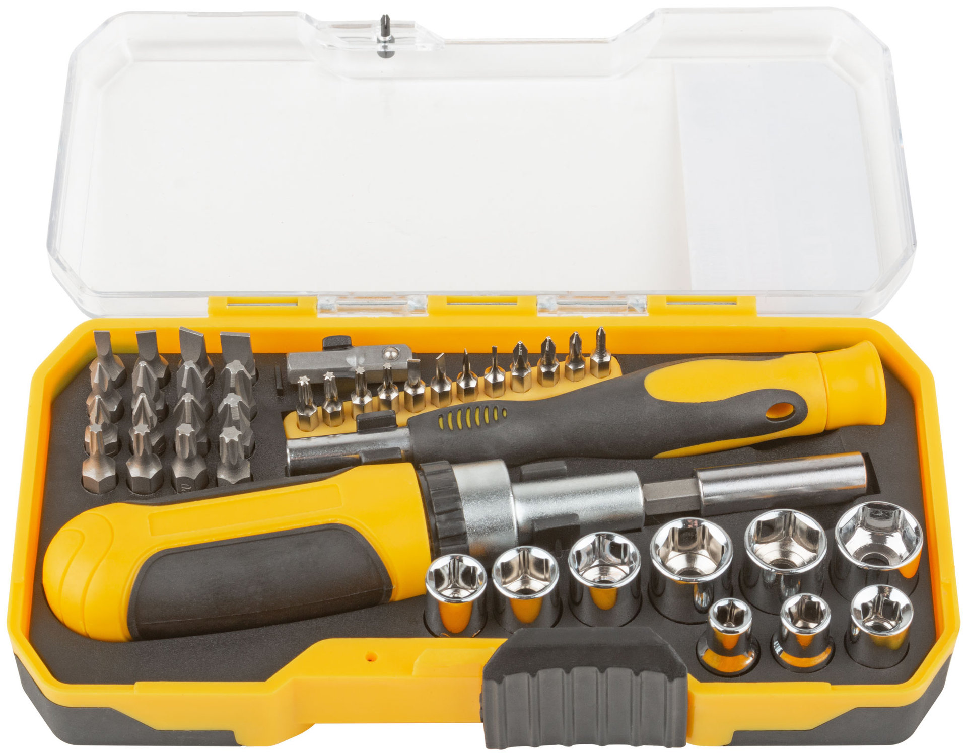 Отвертки реверсивная и для точных работ, набор 41 шт., пластиковый прорезиненный кейс (56385)