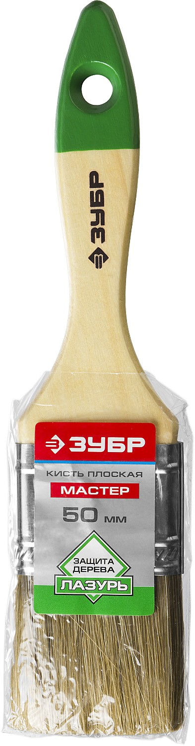 Плоская кисть ЛАЗУРЬ, 50 мм, 2, светлая смешанная щетина, деревянная ручка, для высокотекучих ЛКМ ЗУБР 4-01009-050