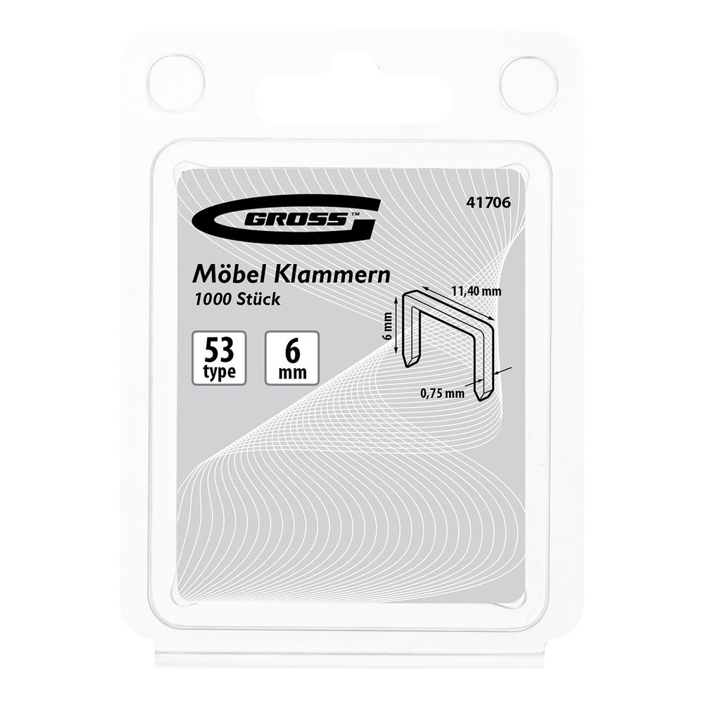 Скобы, 6 мм, для мебельного степлера усиленные, тип 53, 1000 шт Gross (41706)