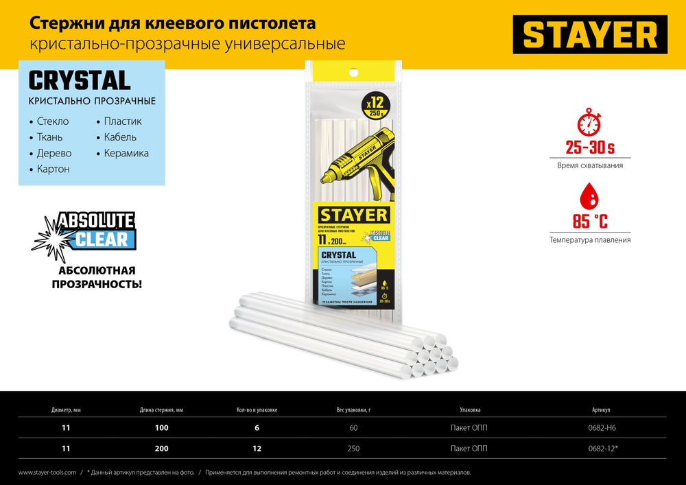 Стержни клеевые универсальные Cristal, 1 х 100 мм, 6 шт, прозрачные STAYER Professional 0682-H6