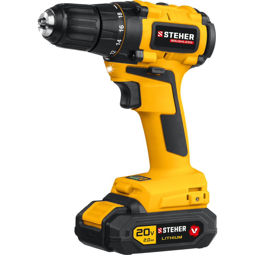 Дрель-шуруповерт бесщеточная 20 В, 45 Н·м, 2 АКБ (2 А·ч), кейс V1 STEHER CDB-200-2