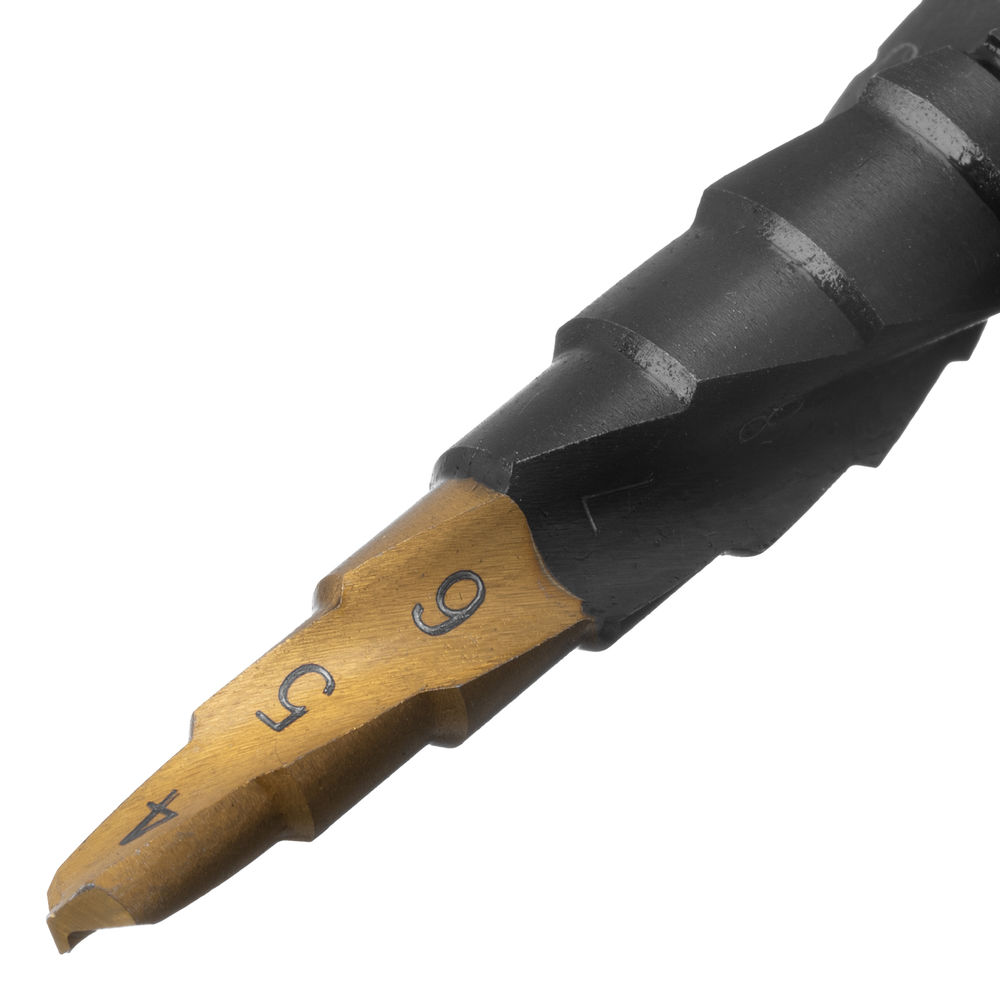 Сверло ступенчатое 4-5-6-7-8-9-10-11-12 мм, Р6М5, 6-гр. хвостовик Denzel (723602)