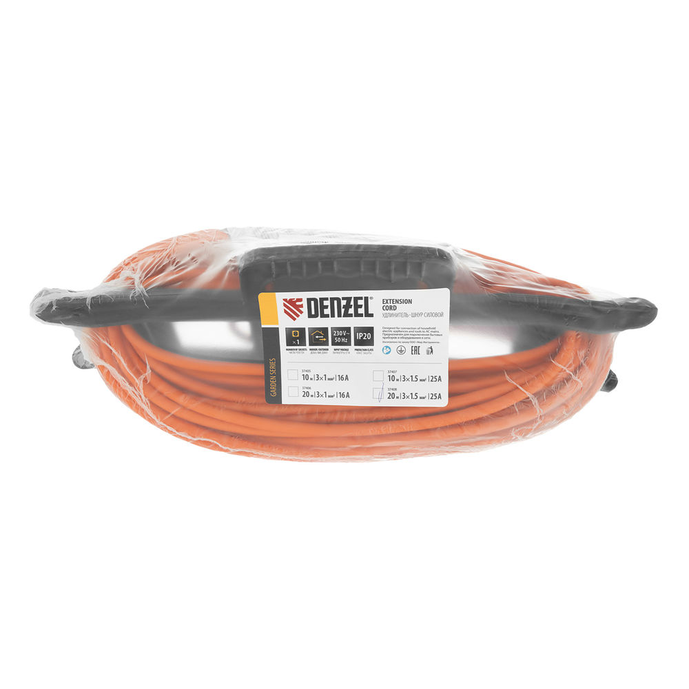 Удлинитель-шнур силовой Garden Series, ПВС, 20м, 1 розетка 3 x 1,5 мм, Denzel (37408)