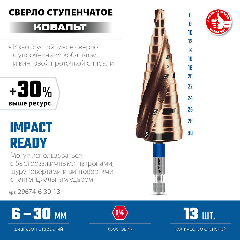 Сверло ступенчатое 6-30 мм, 13 ступеней, винтовая проточка КОБАЛЬТ ЗУБР ПРОФЕССИОНАЛ 29674-6-30-13