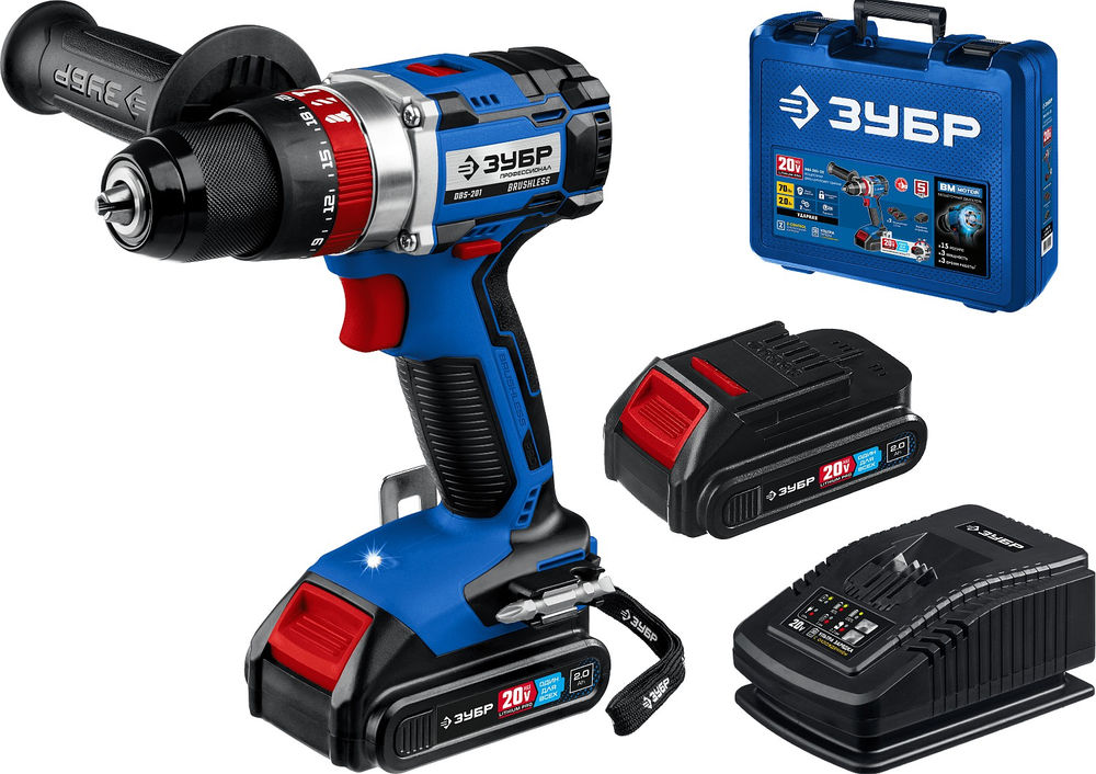 Бесщеточная ударная дрель-шуруповерт 20 В 70 Н·м 2 АКБ 2 А·ч кейс Профессионал ЗУБР Т7 DBS-201-22