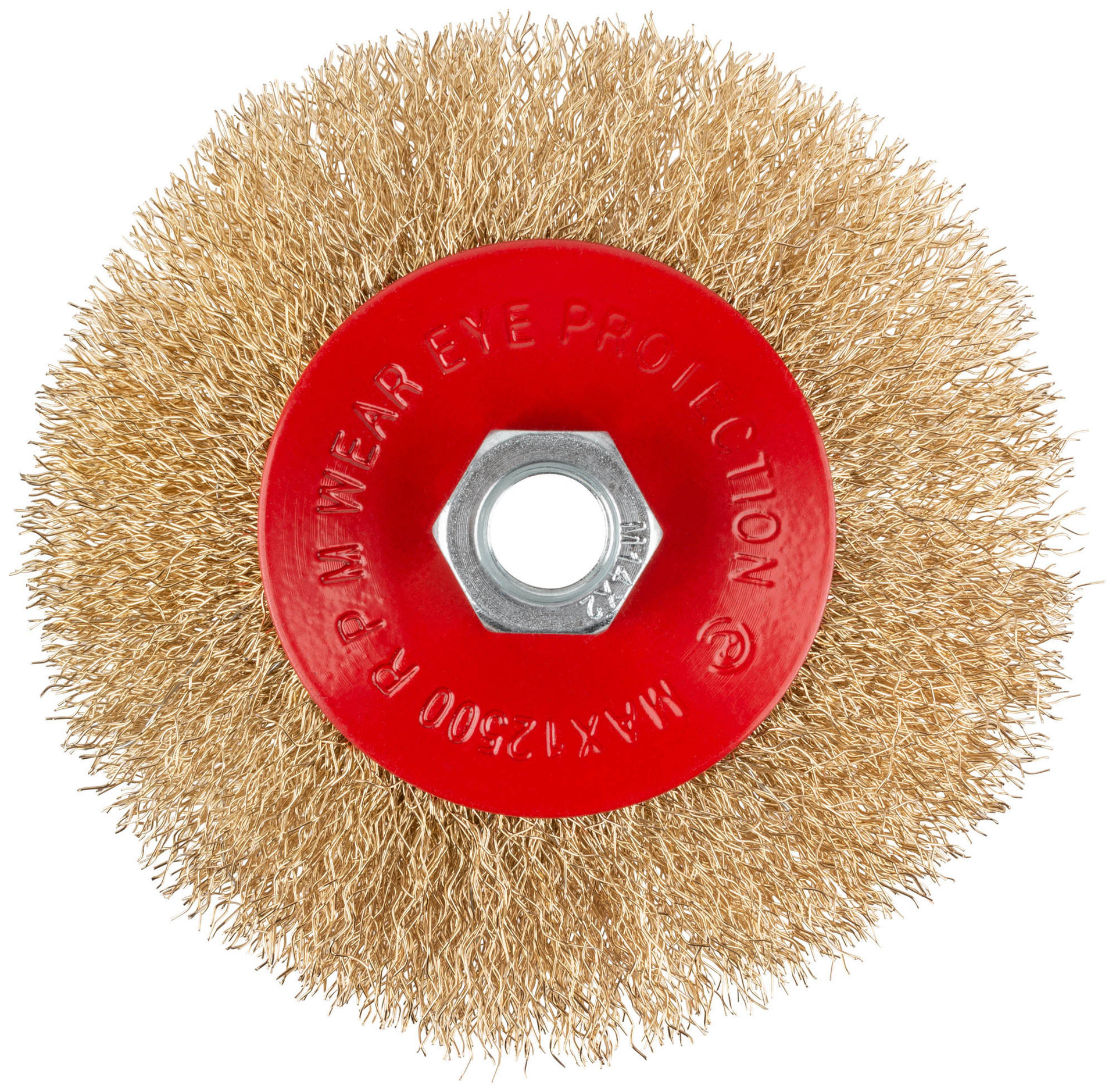 Корщетка-колесо с наклоном, гайка М14, стальная латунированная волнистая проволока 115 мм, блистер (39084)