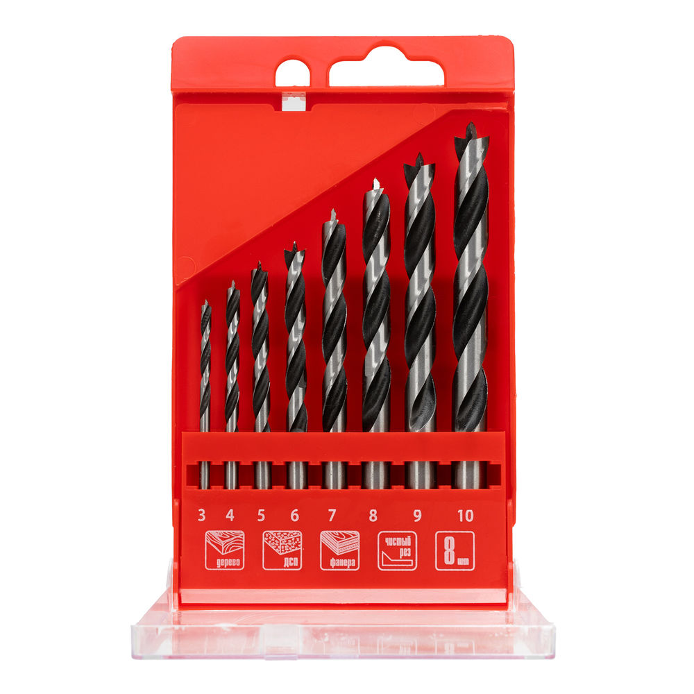 Набор сверл по дереву, 3-4-5-6-7-8-9-10 мм, 8 шт, цилиндрический хвостовиковик, пластиковый кейс, Matrix (70282)
