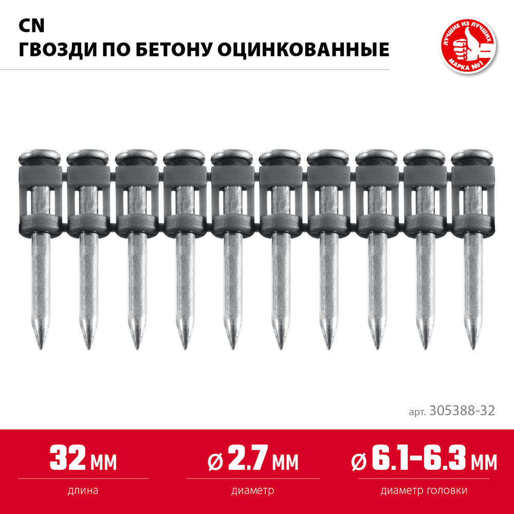 Гвозди по бетону CN 32 x 2.7 мм, оцинкованные, 1000 шт ЗУБР 305388-32