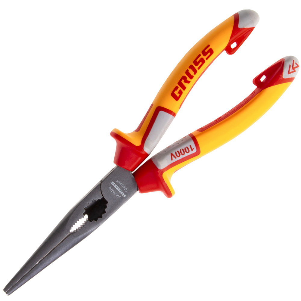 Длинногубцы прямые, диэлектрические рукоятки до 1000 В, трехкомпонентные рукоятки, 205 мм Gross (17177)