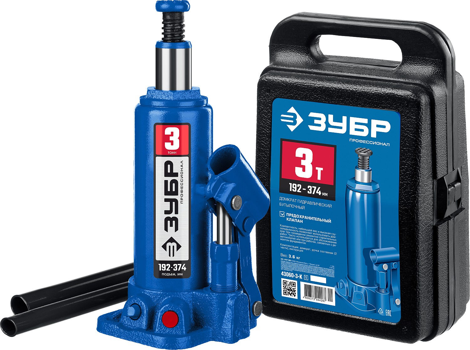 Домкрат гидравлический бутылочный 3 т 194-372 мм в кейсе Профессионал ЗУБР 43060-3-K