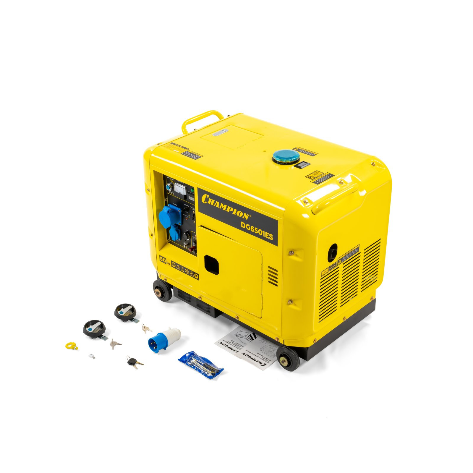 Генератор диз. CHAMPION DG6501ES+ATS (5/5,5кВт 8,9лс 16л 12V 160кг эл.стартер,колеса,счетчик,кожух) (DG6501ES)