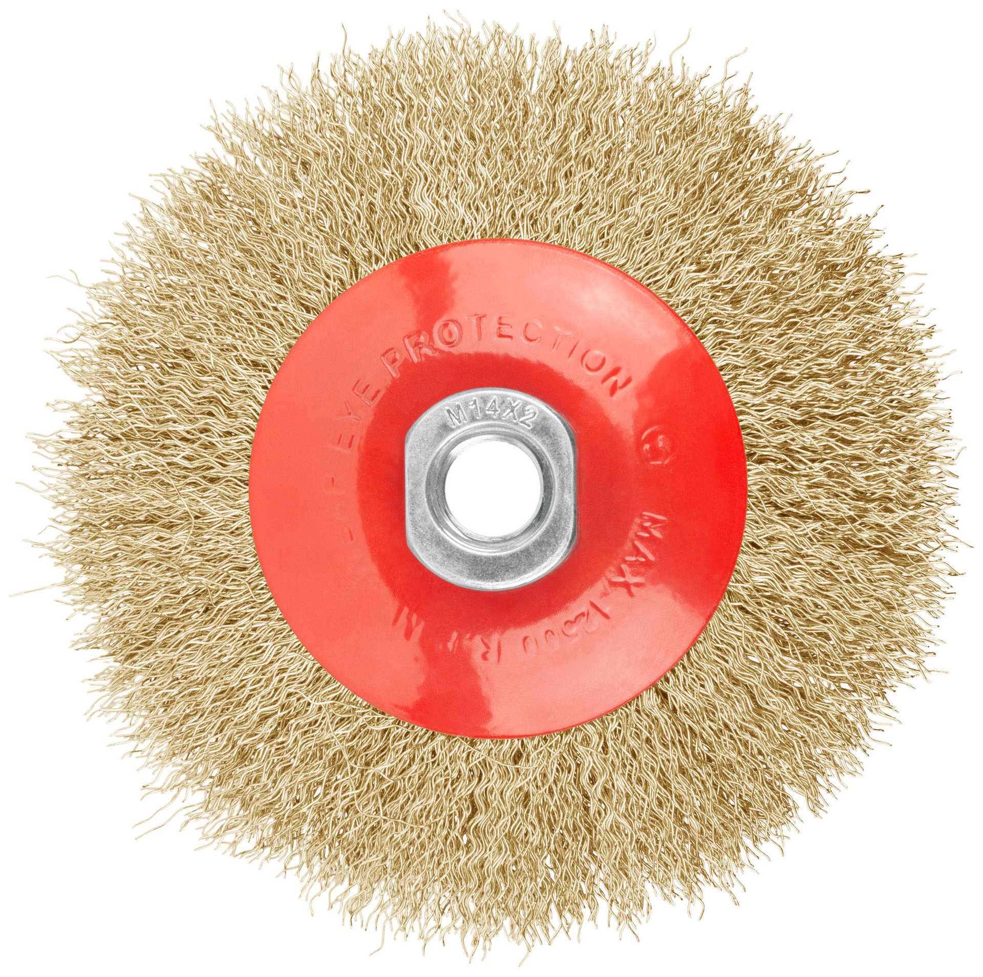 Корщетка-колесо с наклоном, гайка М14, стальная латунированная волнистая проволока 115 мм (39051)
