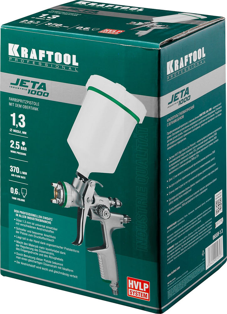 Пневматический краскопульт JETA 1000, HVLP, 1.3 мм, с верхним бачком KRAFTOOL 06559-1.3