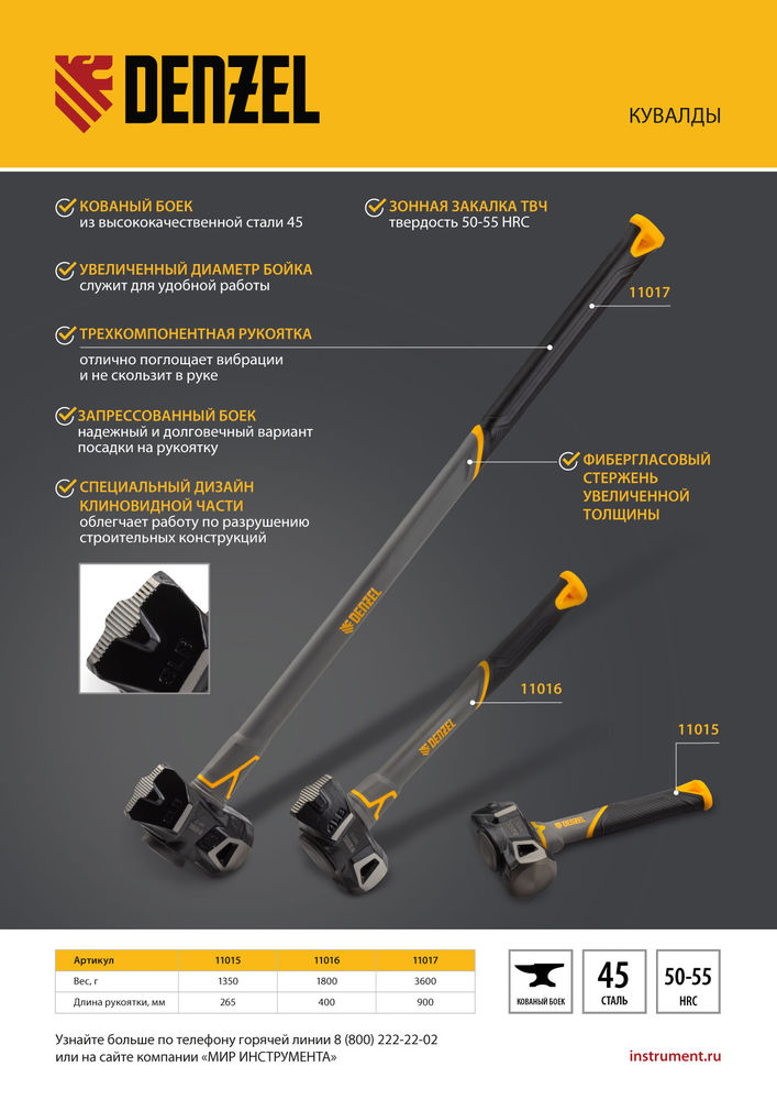 Кувалда с клиновидным бойком 1,8 кг, фибергласовая рукоятка c TPR Denzel