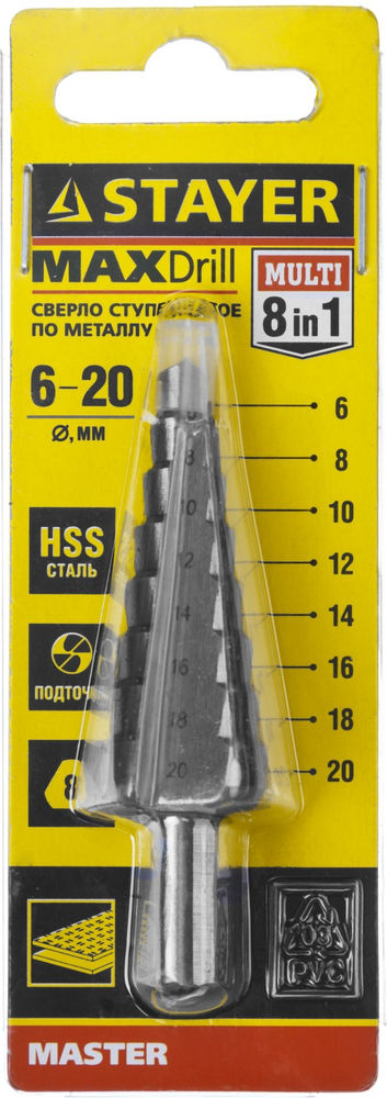Сверло ступенчатое 6-20 мм, 8 ступеней, сталь HSS STAYER 29660-6-20-8