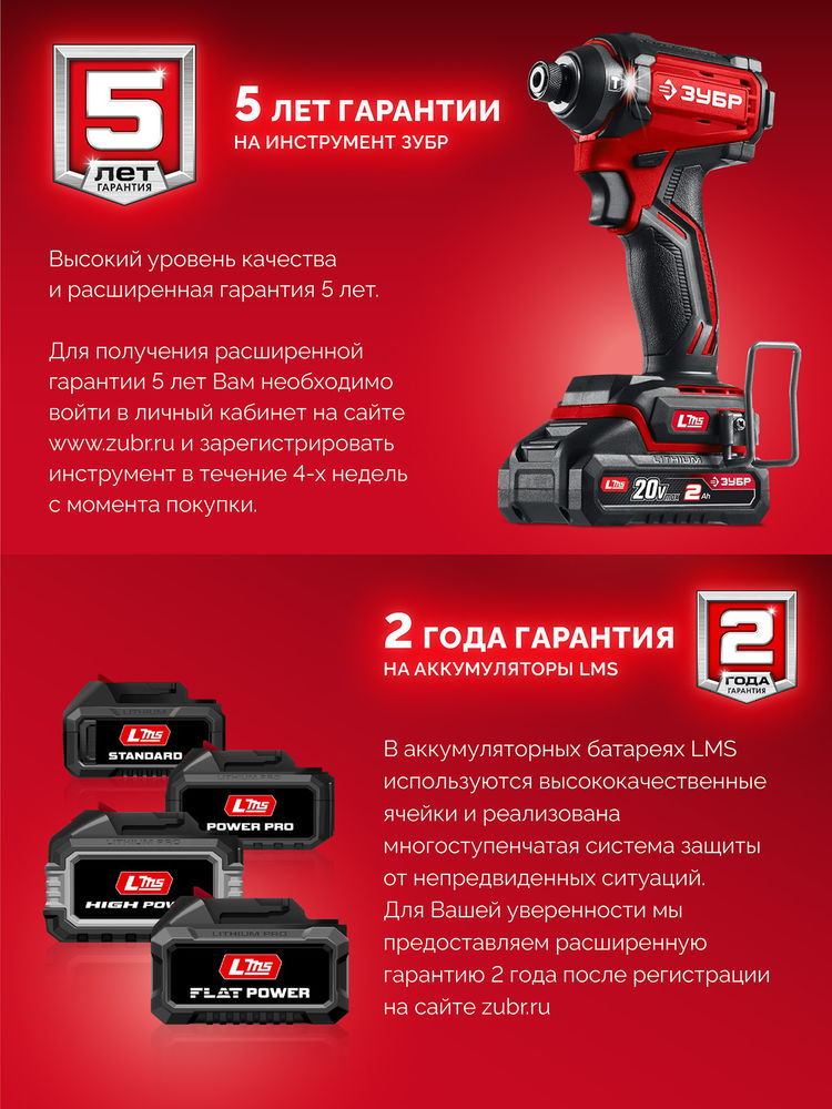 Дрель-шуруповерт ударная бесщеточная 20 В 65 Н·м 2 АКБ LMS 2 А·ч сумка ЗУБР ДБУ-65-22