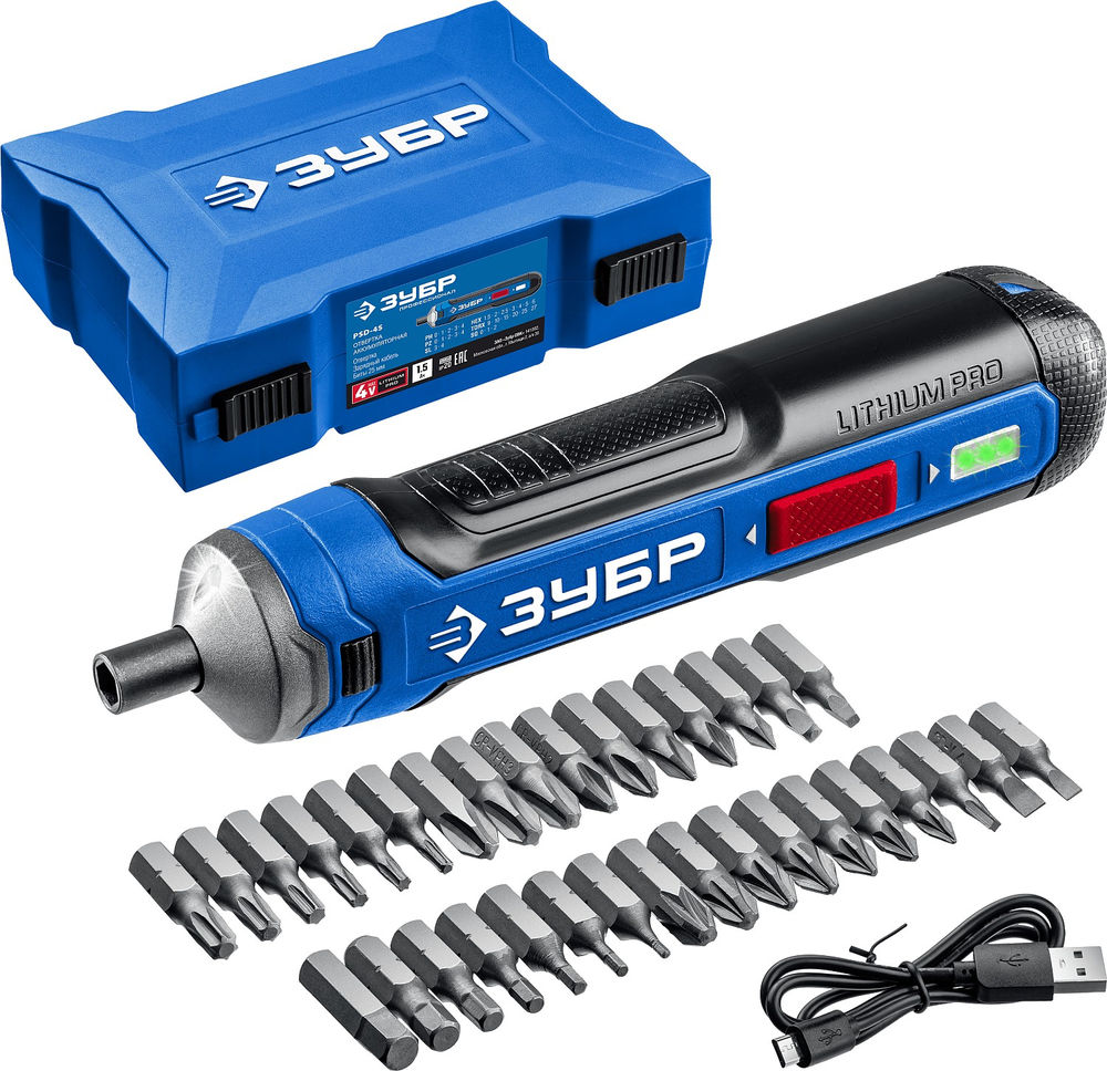Отвертка аккумуляторная ZUBR GO 4 Vmax, кейс, 33 биты ЗУБР Профессионал PSD-4S